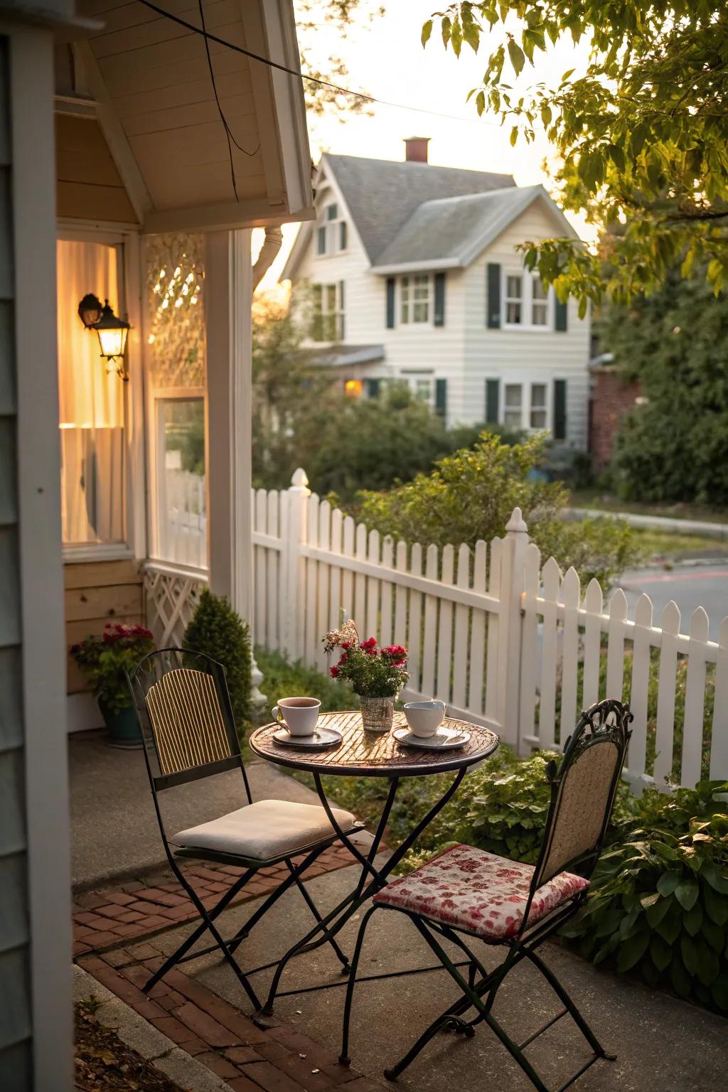 A small-scale bistro ensemble transforms a modest back porch for dining.