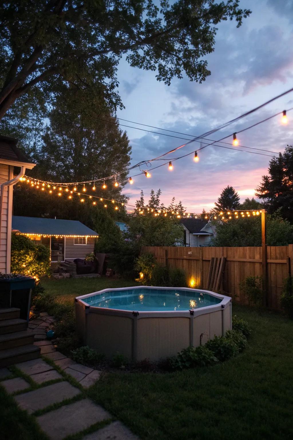 Twinkling string lights shining a warm glow over an above-ground pool, ideal for evening pleasure.