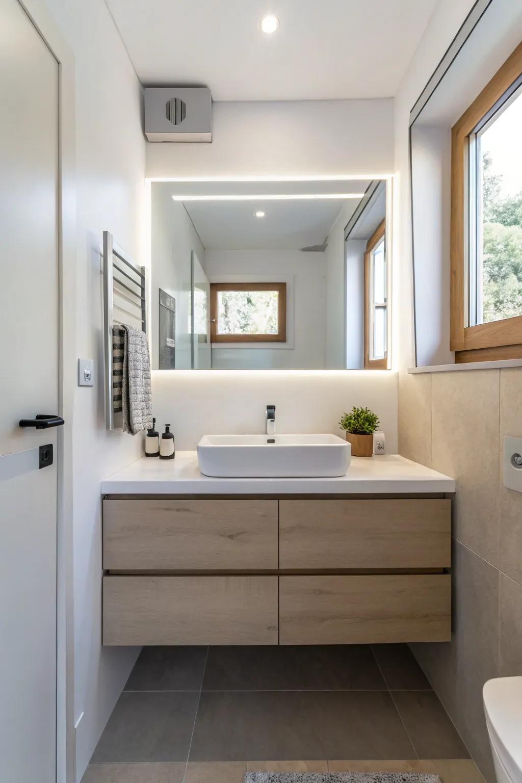 A wall-hung vanity enhances space in a small bathroom.