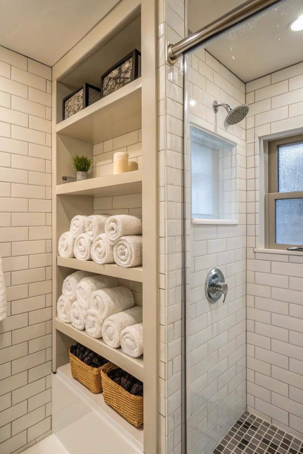 In-wall shelves are a subtle yet practical way to store towels.