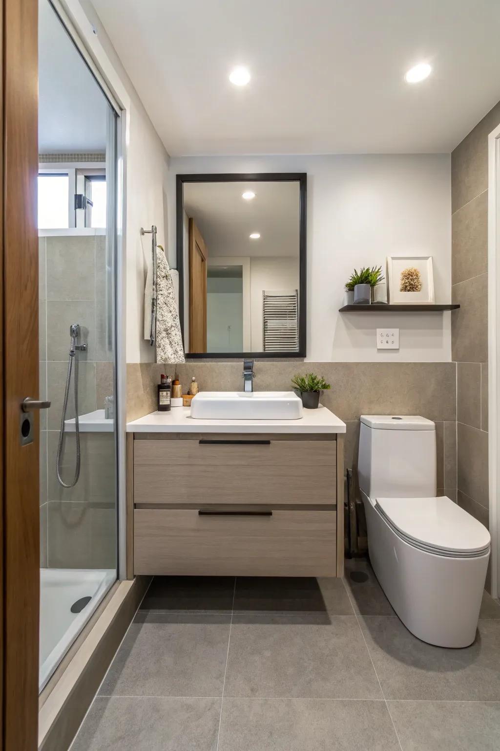 A floating vanity maximizing floor space and enhancing the room's openness.