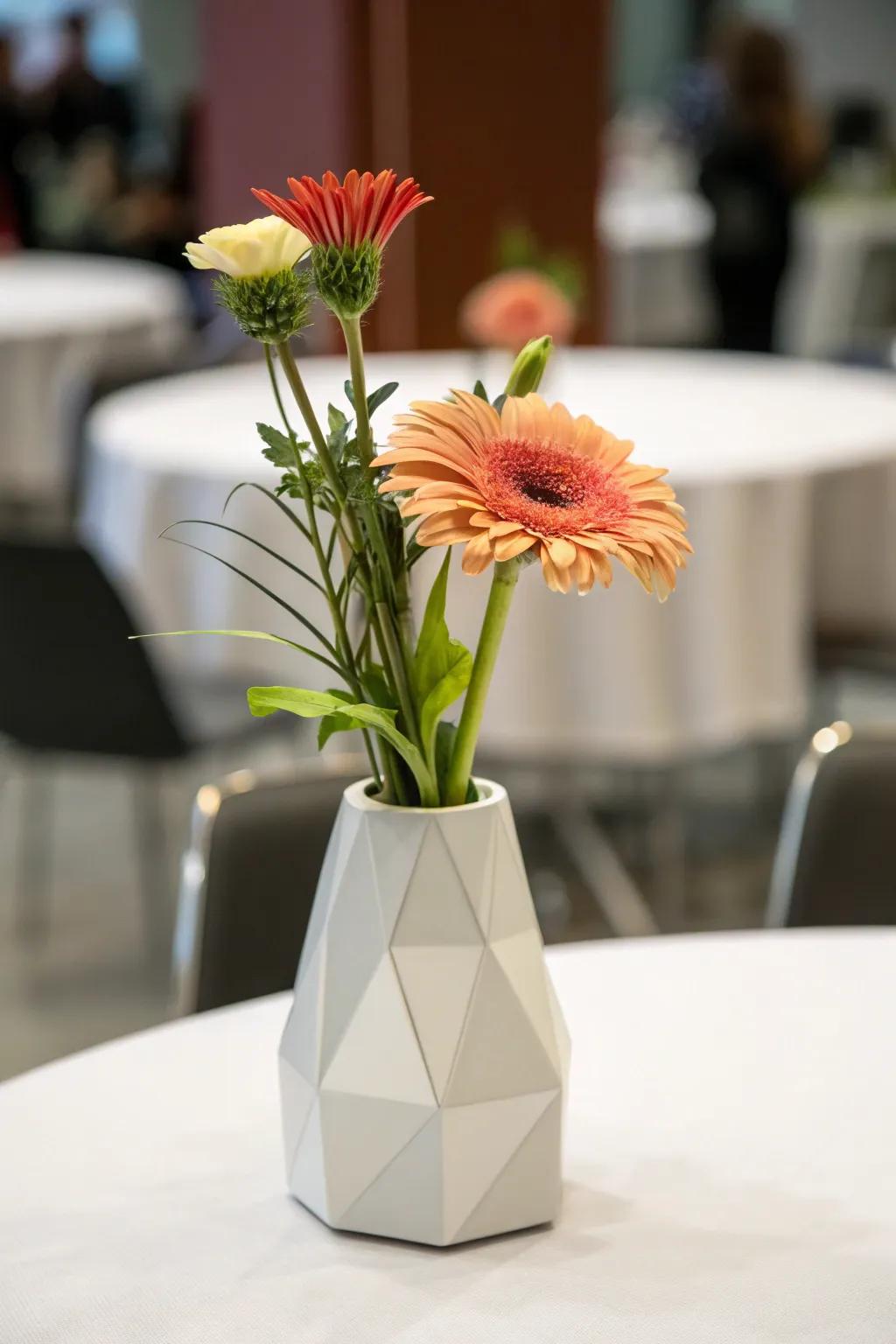 A contemporary centerpiece making a statement through the use of minimalistic elements.