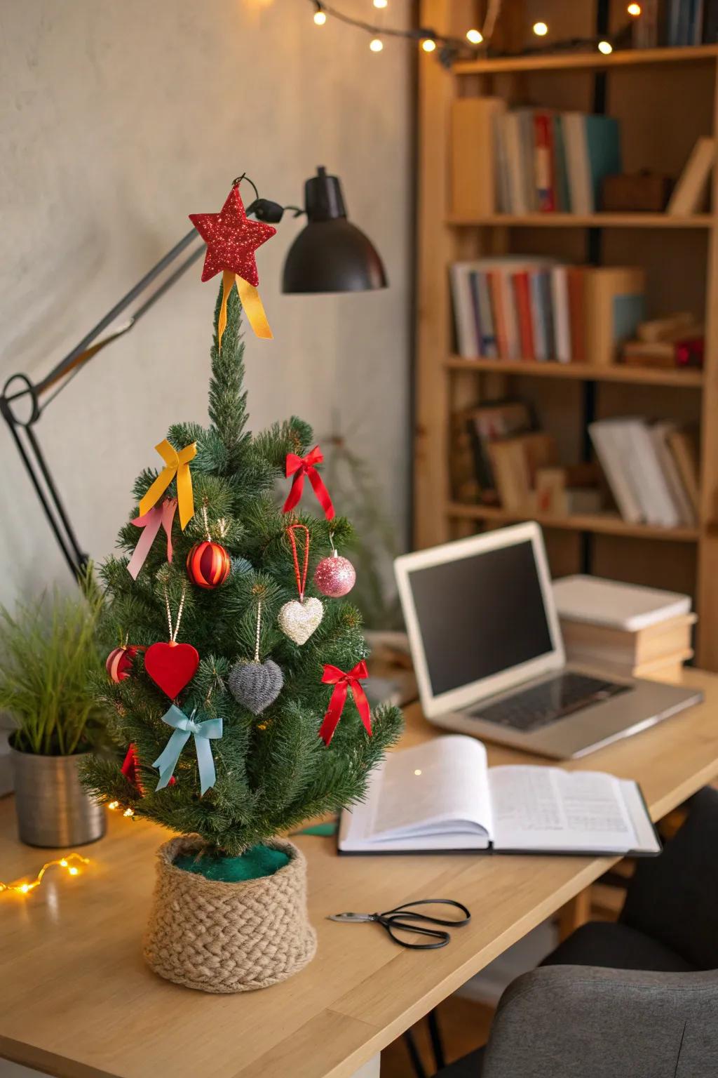 A small Christmas tree embellished with handcrafted ornaments for a personalized touch.