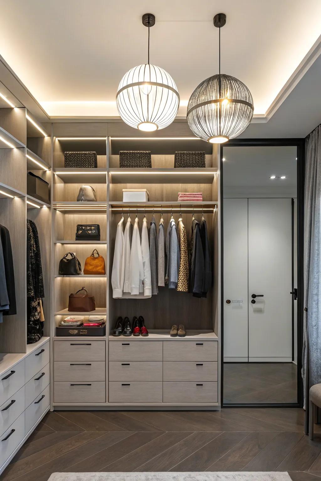 Elegant fixtures introduce a contemporary touch to a small closet.