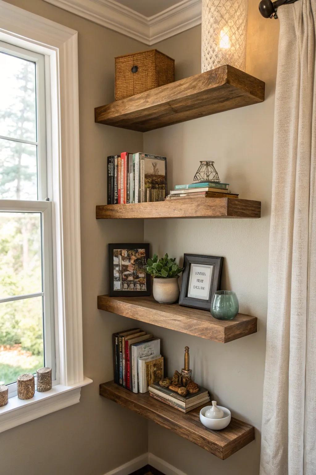 Floating shelves offer stylish storage solutions.