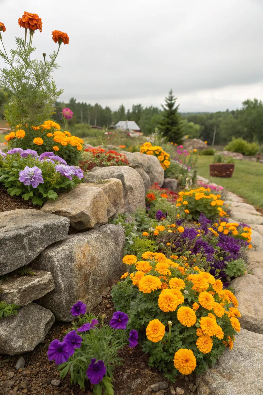 Bright flowers enlivening a small corner rock garden.