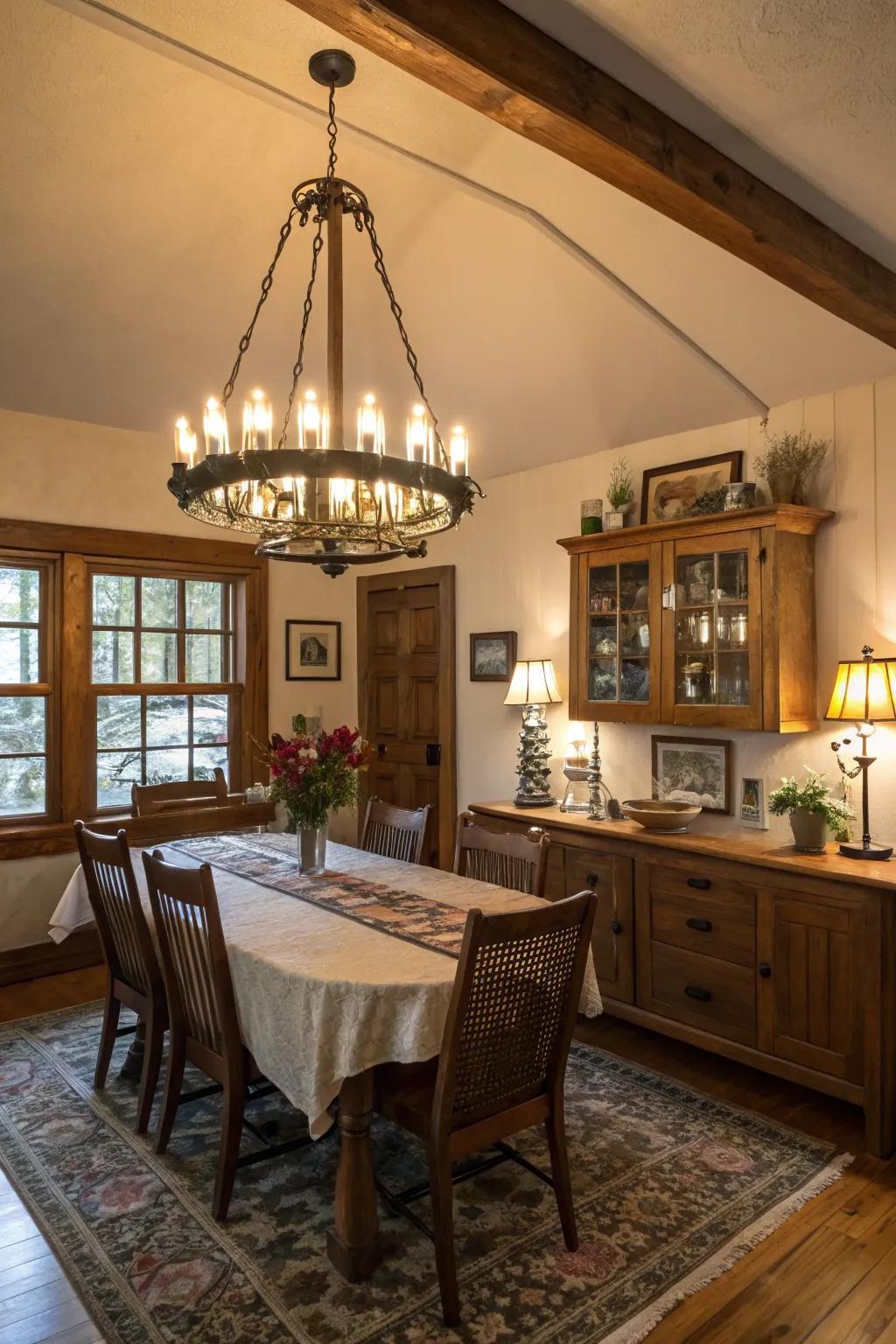 A stunning light fixture enhances the room's atmosphere.