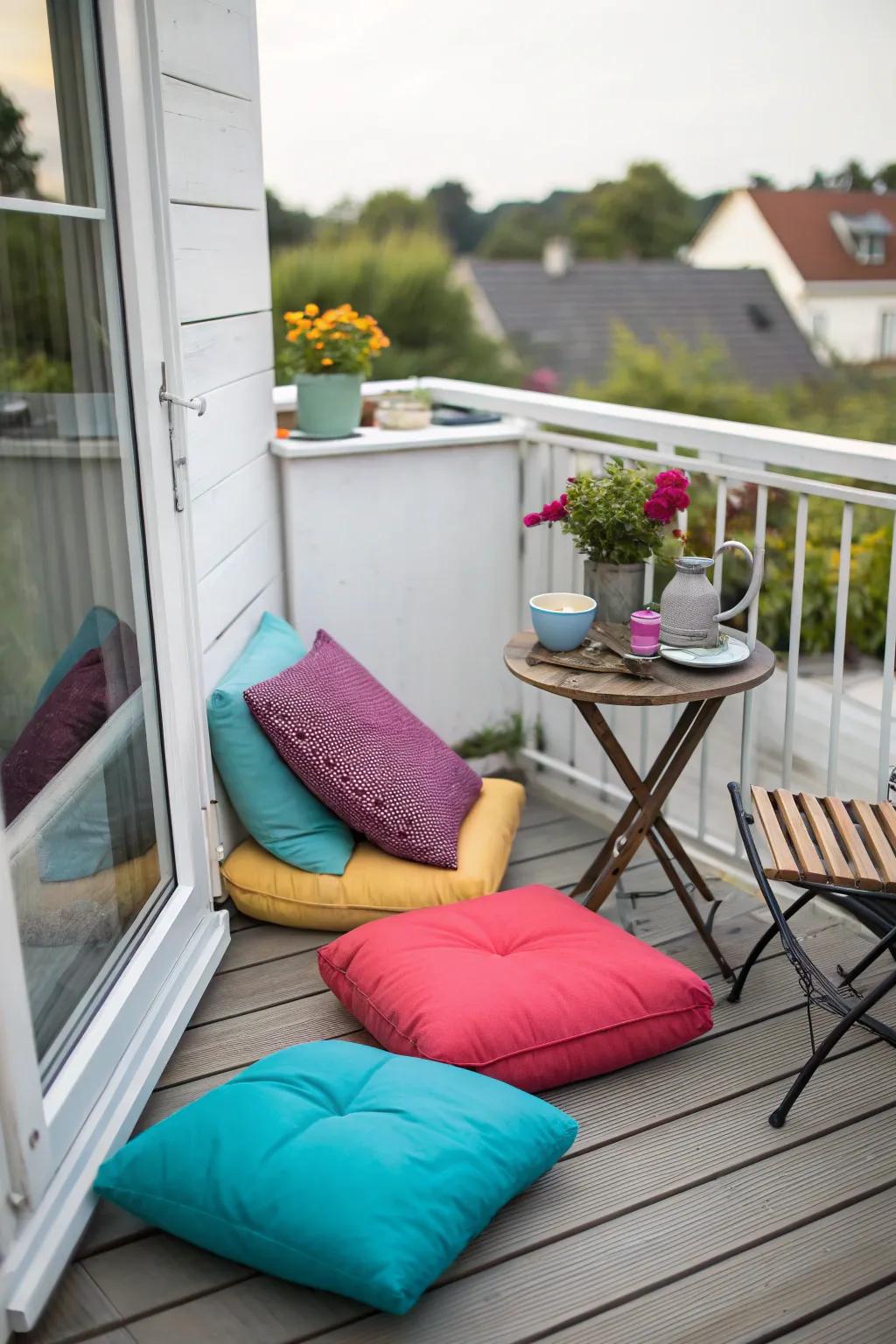 Small seating area featuring vibrant cushions on a compact deck.