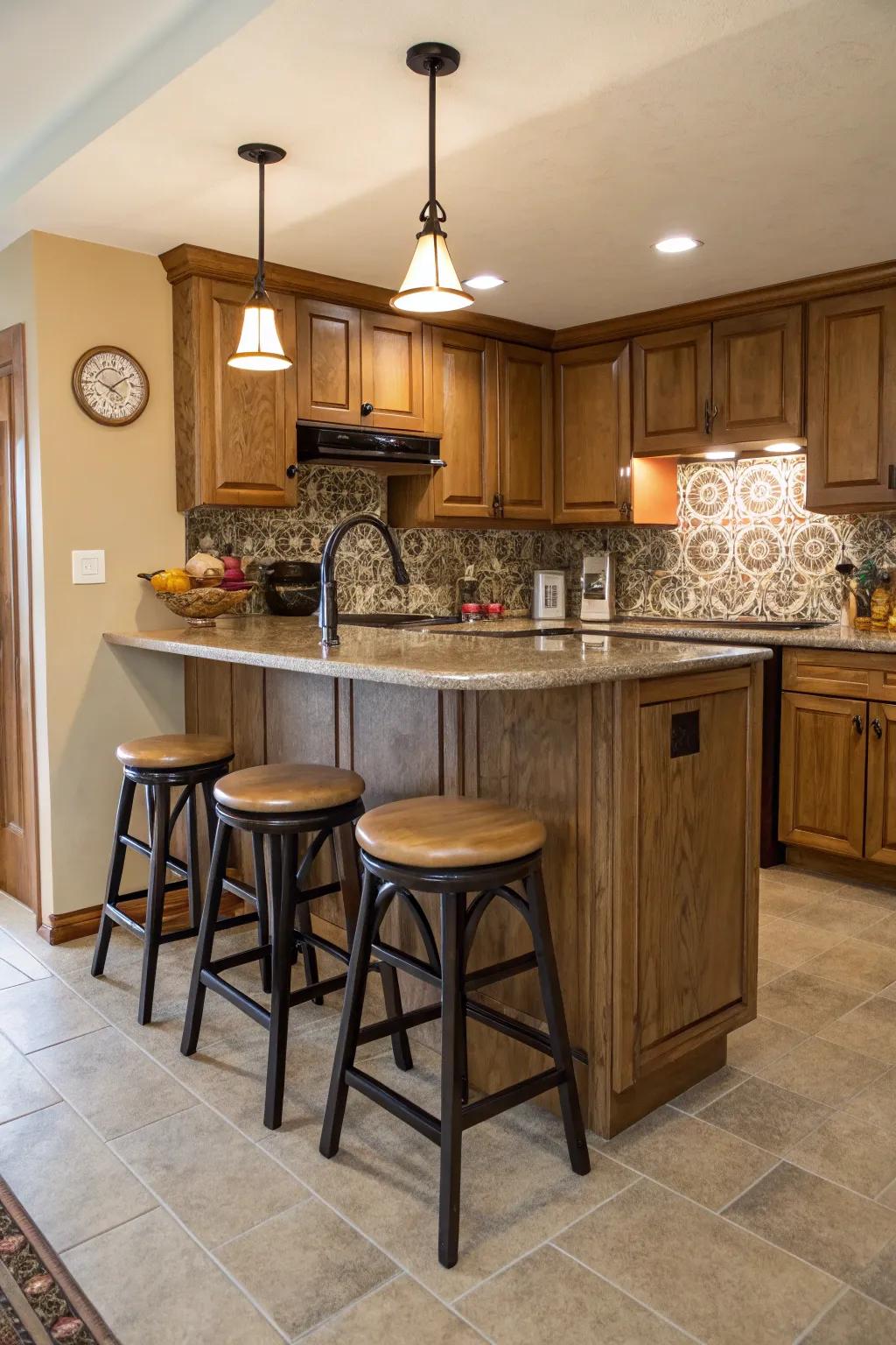 Elevated seating introduces a modern flair to smaller kitchens.