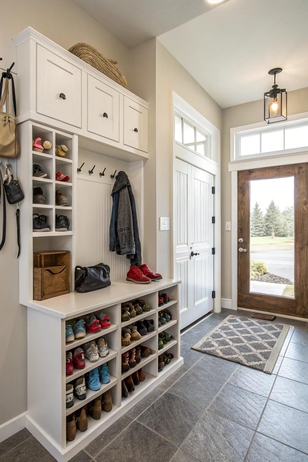 Wall-mounted storage saves space and enhances organization.