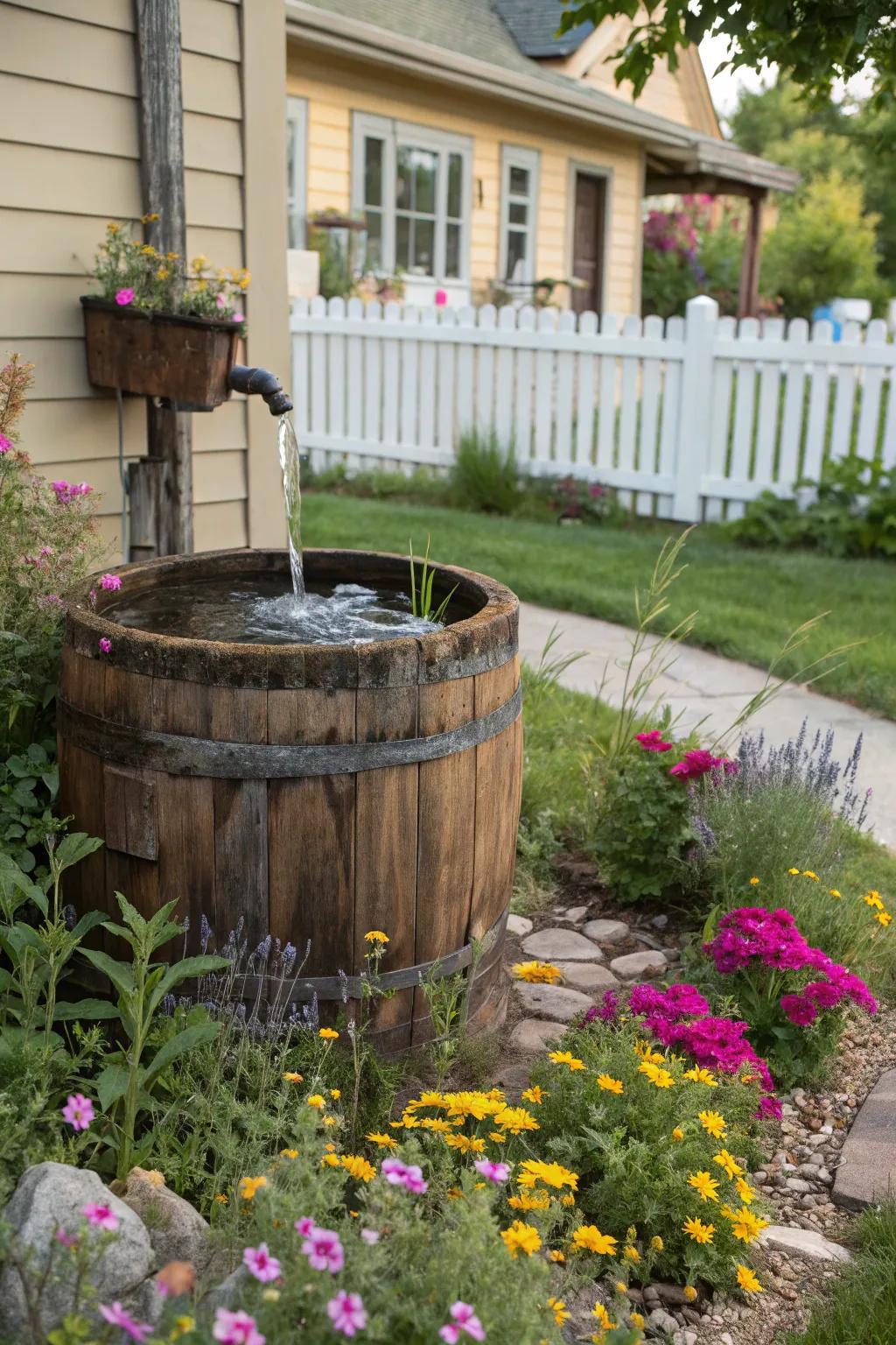 A lumber cask water feature provides a country-style charm.