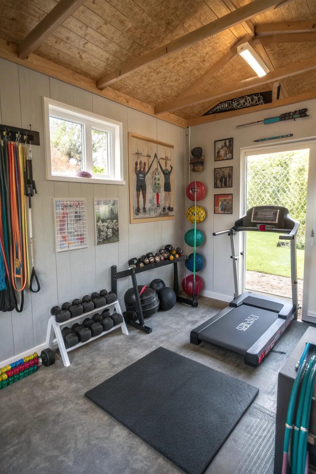 A small garage becomes a private space to work out.