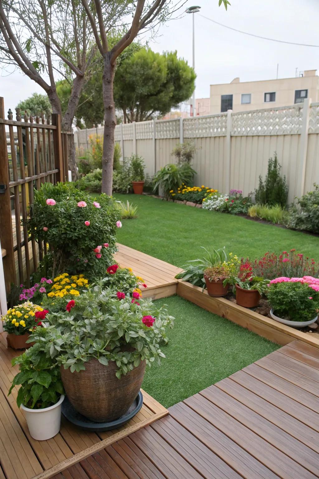 Potted plants contributing color and texture to a synthetic turf garden.