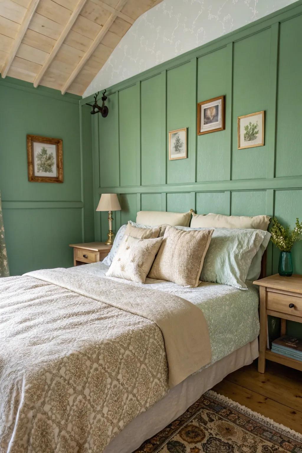 Pale, neutral linens beautifully enhance verdant walls.