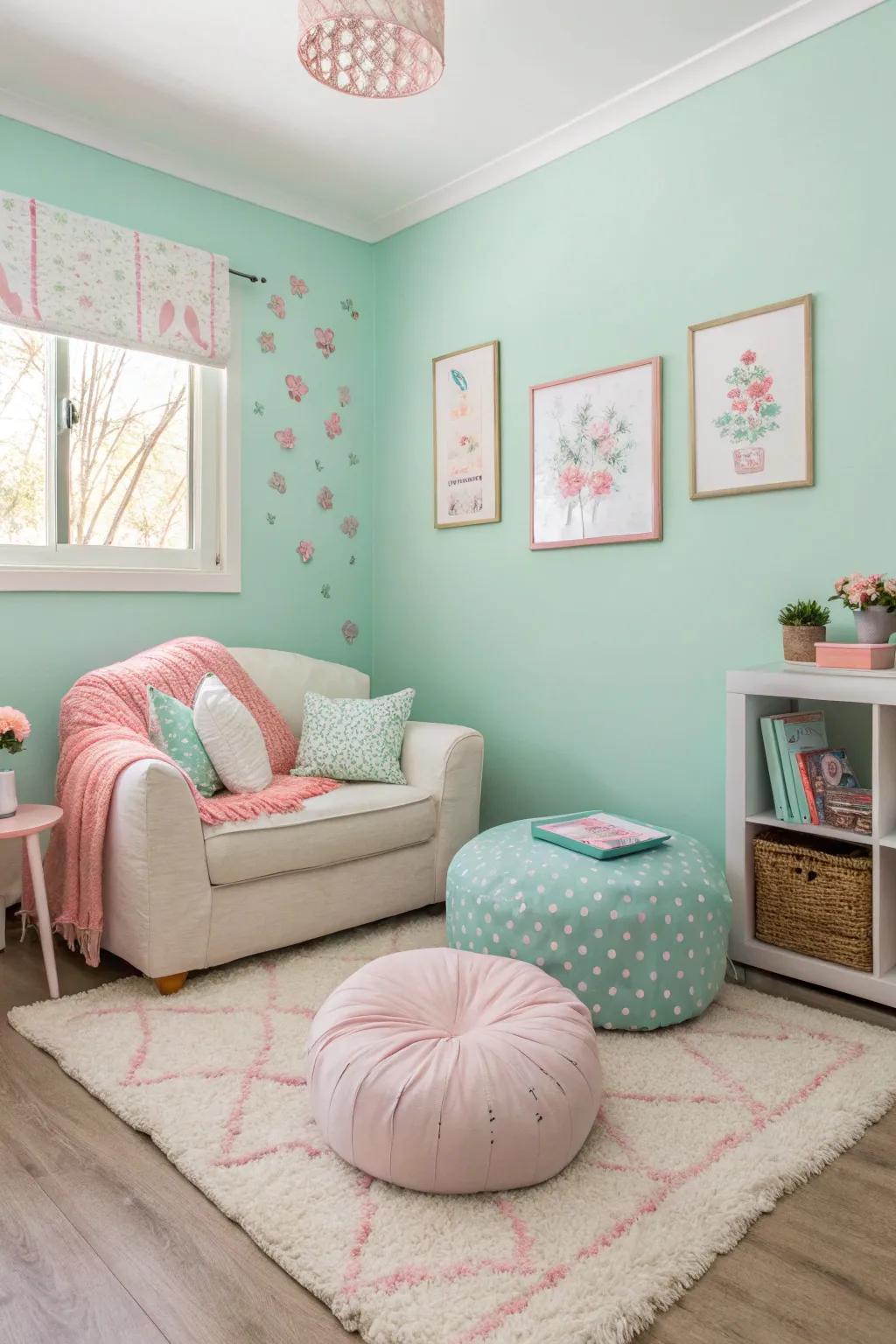 A compact living space featuring mint walls and hushed hue accents.