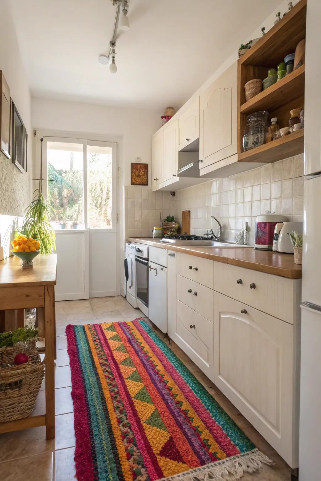 A spirited rug injects both warmth and personality into this petite kitchen.