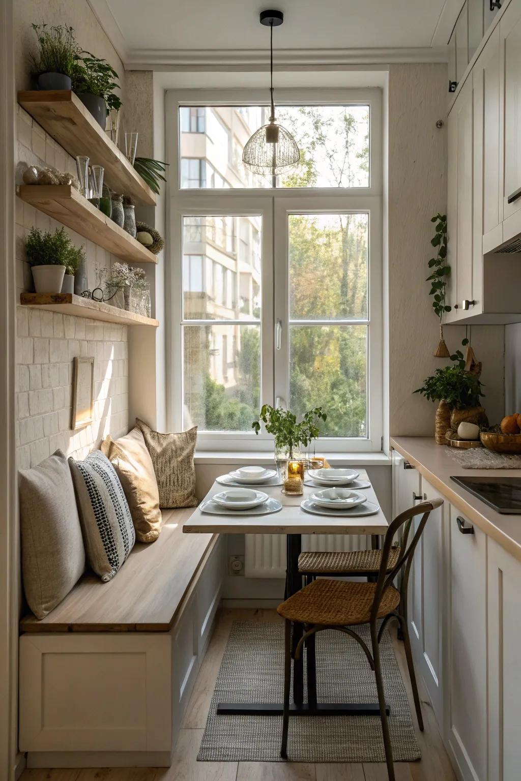 A windowsill dining area that amplifies area and light.