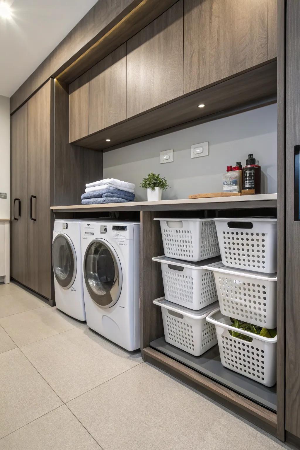 Maintain a tidy area with convenient slide-out laundry organizers.