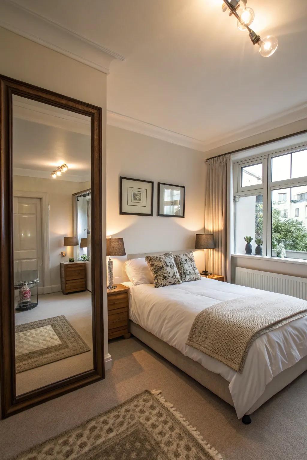 Reflective surfaces augment light, thereby enabling a small primary bedroom to manifest as larger.