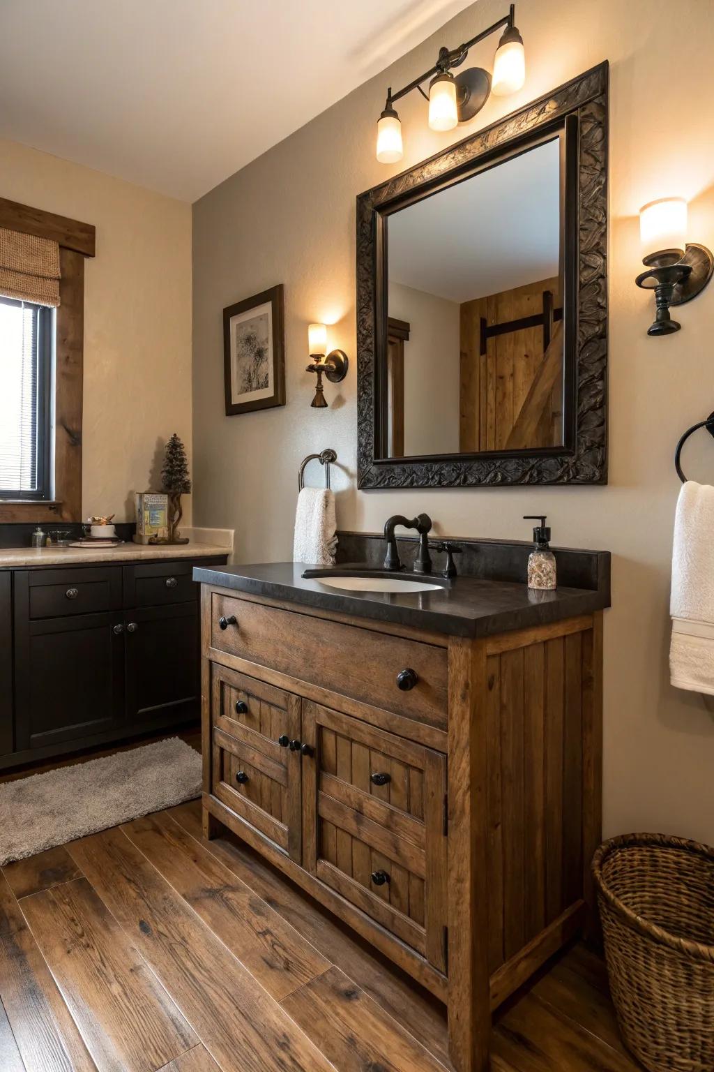 Industrial elements add a modern touch to a homespun bathroom.