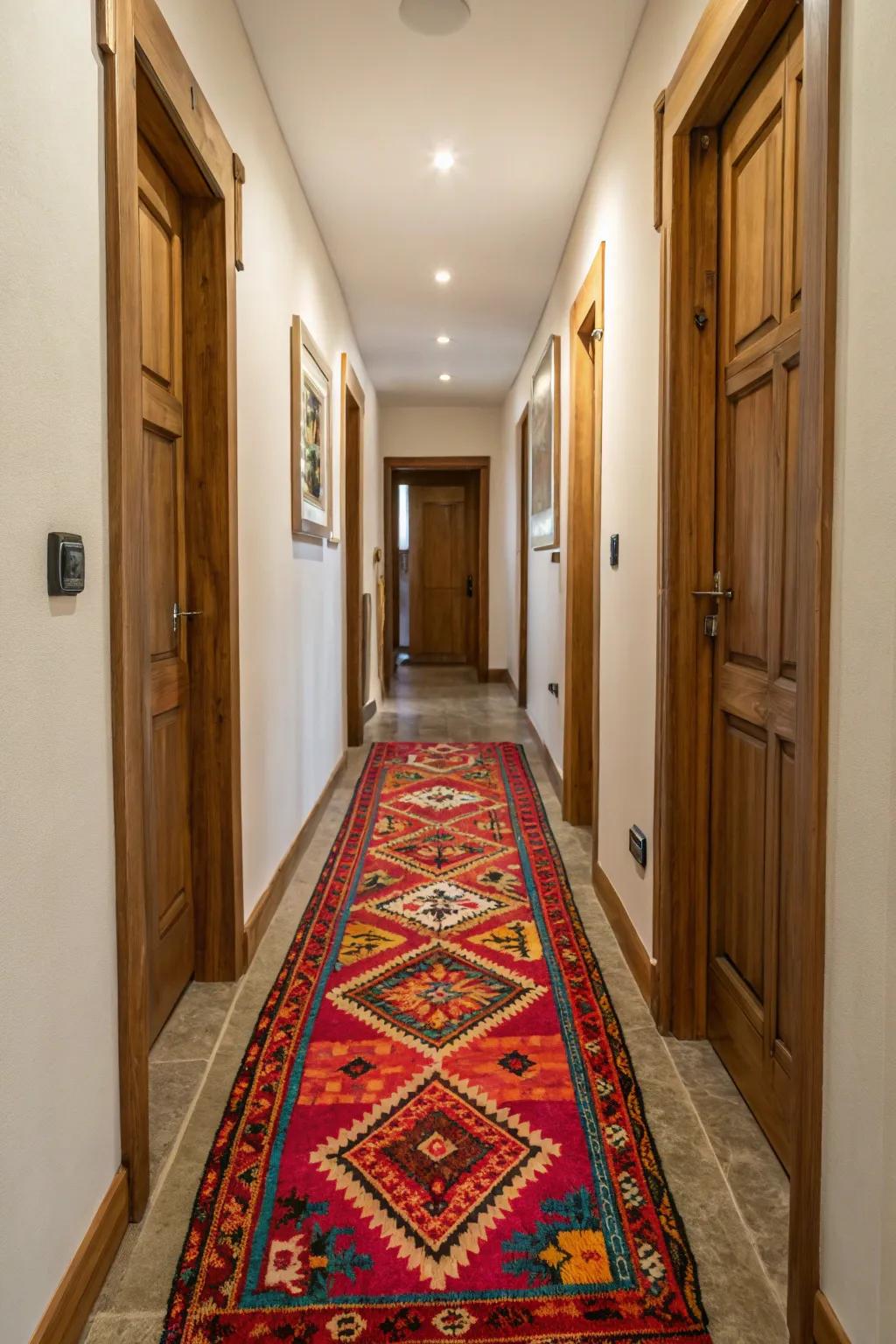 A bright runner rug turns a narrow hallway into a stylish path.