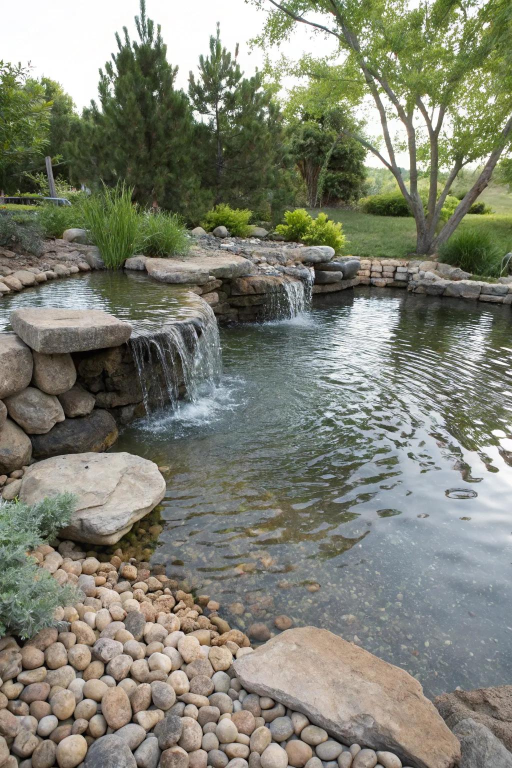 A mini waterfall lends a soothing soundtrack and motion to a quaint pond.
