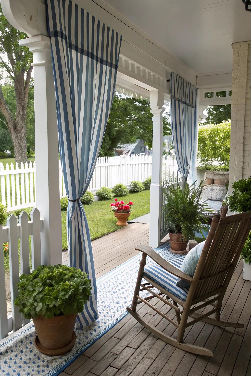 Striped curtains fashion a timeless and roomy appearance on your porch.