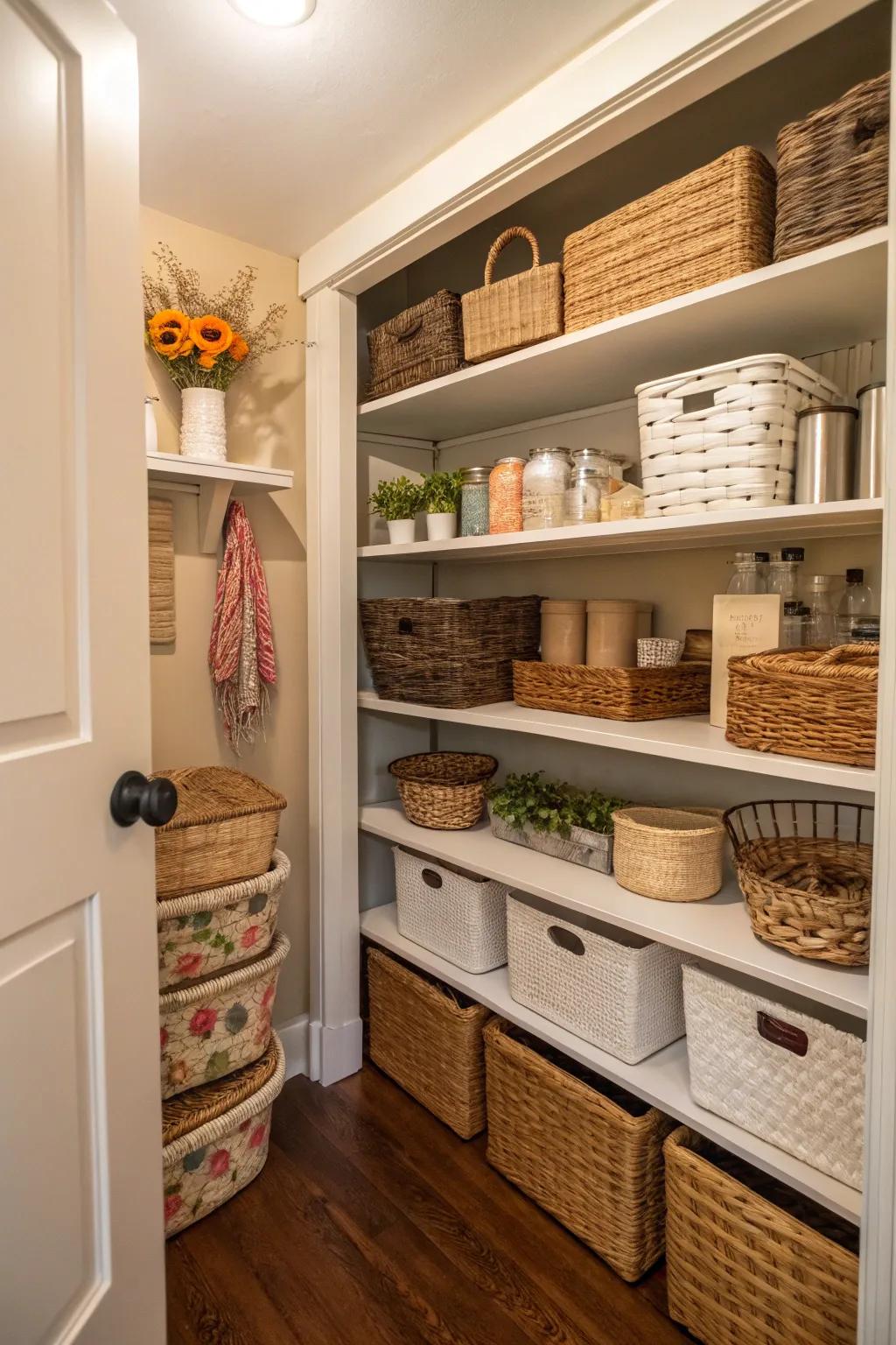 Decorative baskets add storage and style.