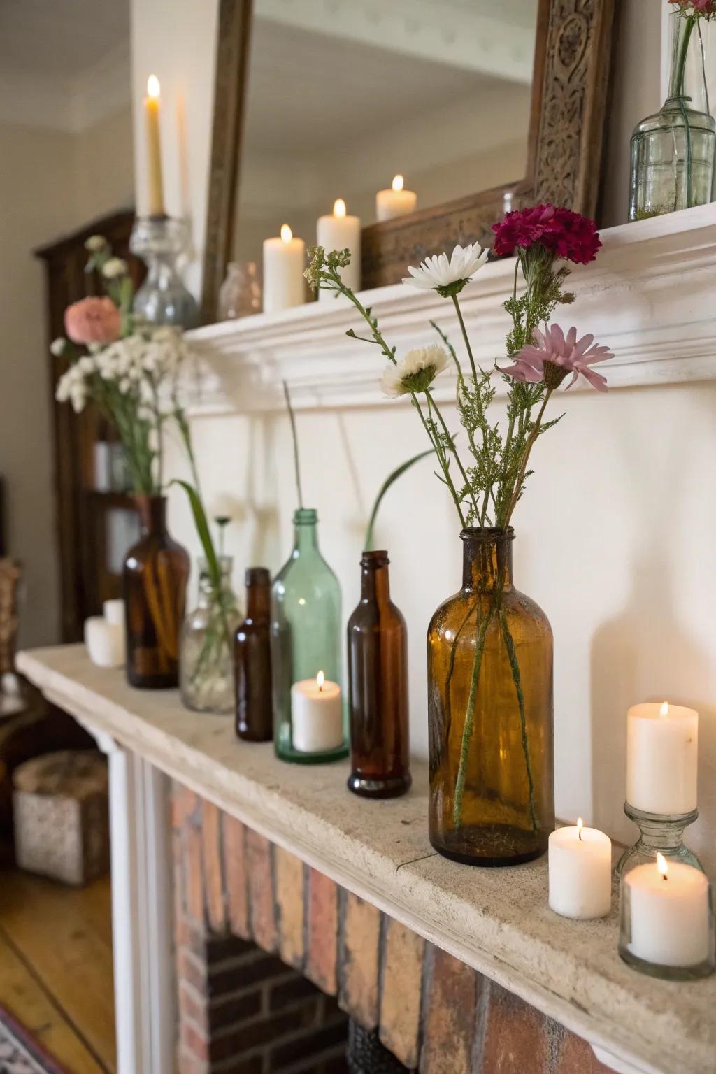 Reimagined glass flasks bring appeal and uniqueness to a flower display.
