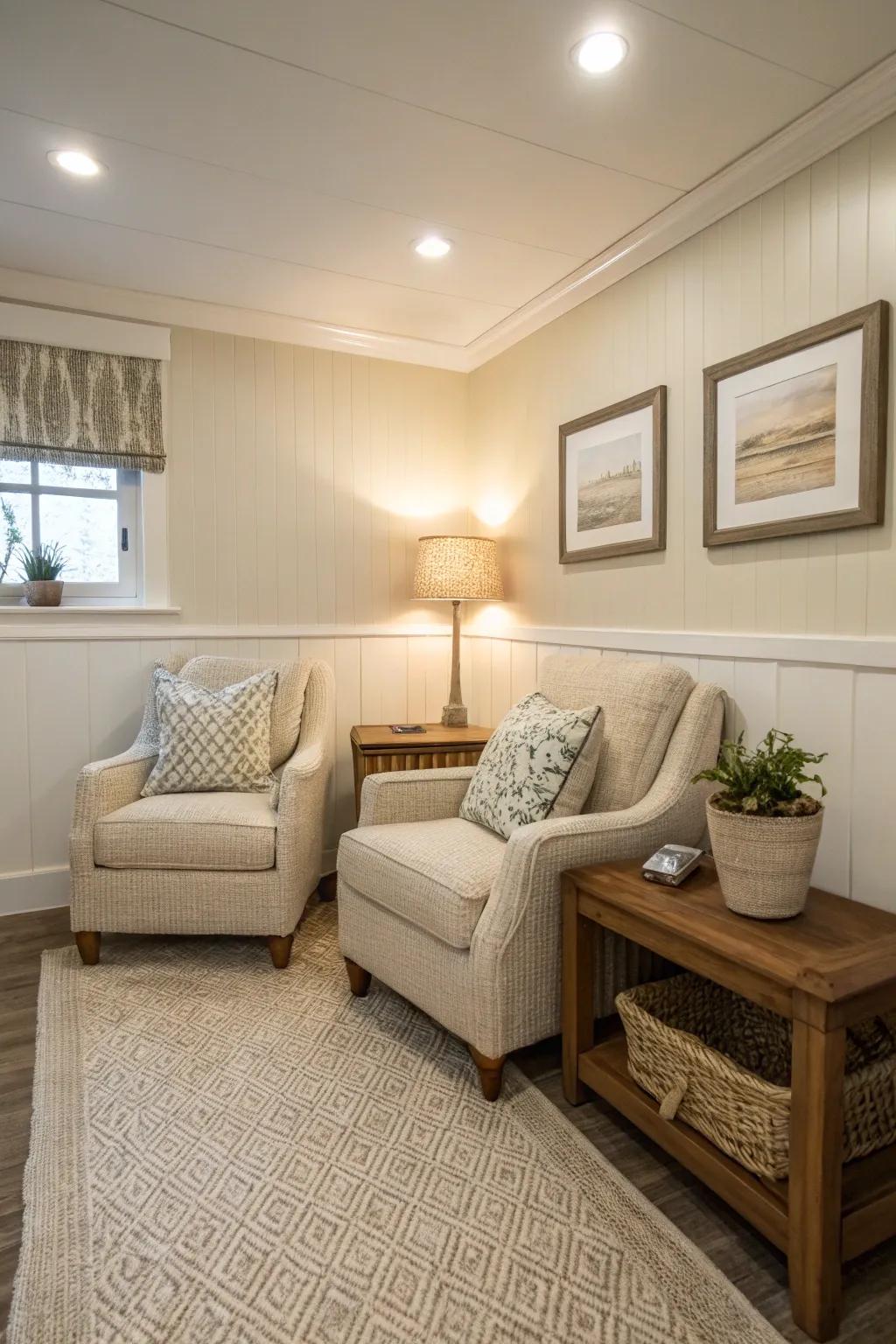 A bright and airy feeling is created by light and neutral colors.