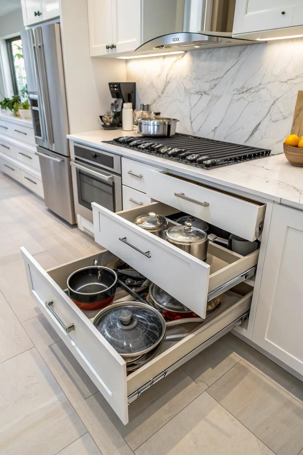 Pull-out shelves keep kitchen items well-organized.
