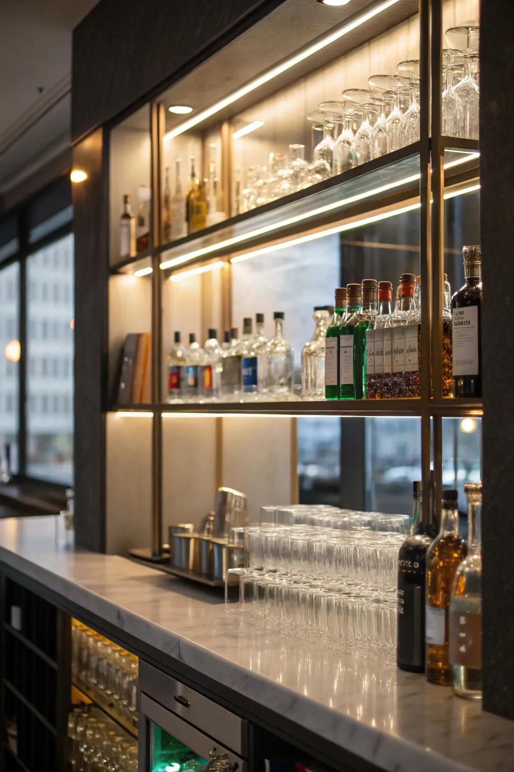 Display shelving within a petite wet bar showcasing glassware and bottled refreshments.