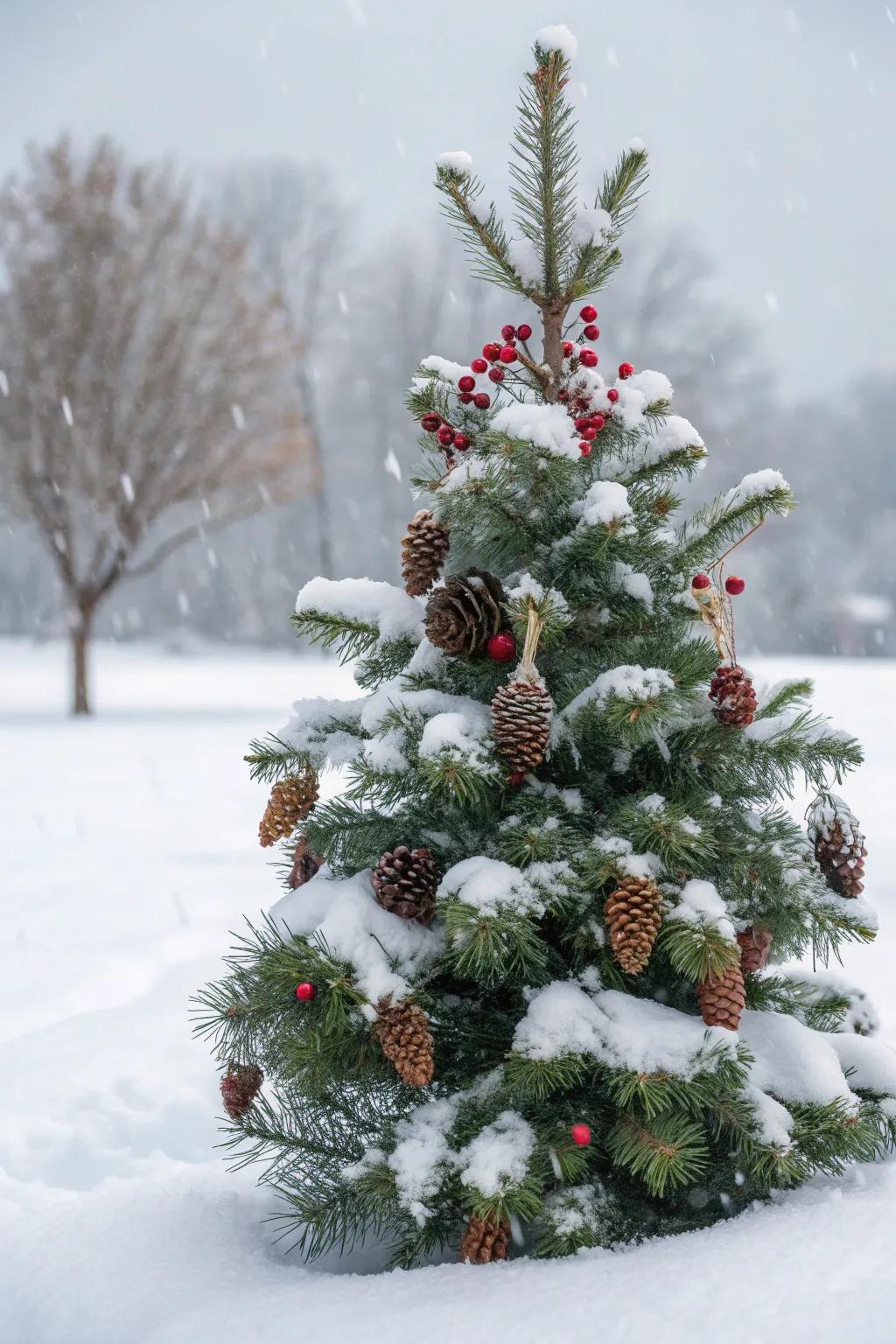 Authentic elements such as pinecones and cranberries bring a country appeal to a snowy Christmas tree.