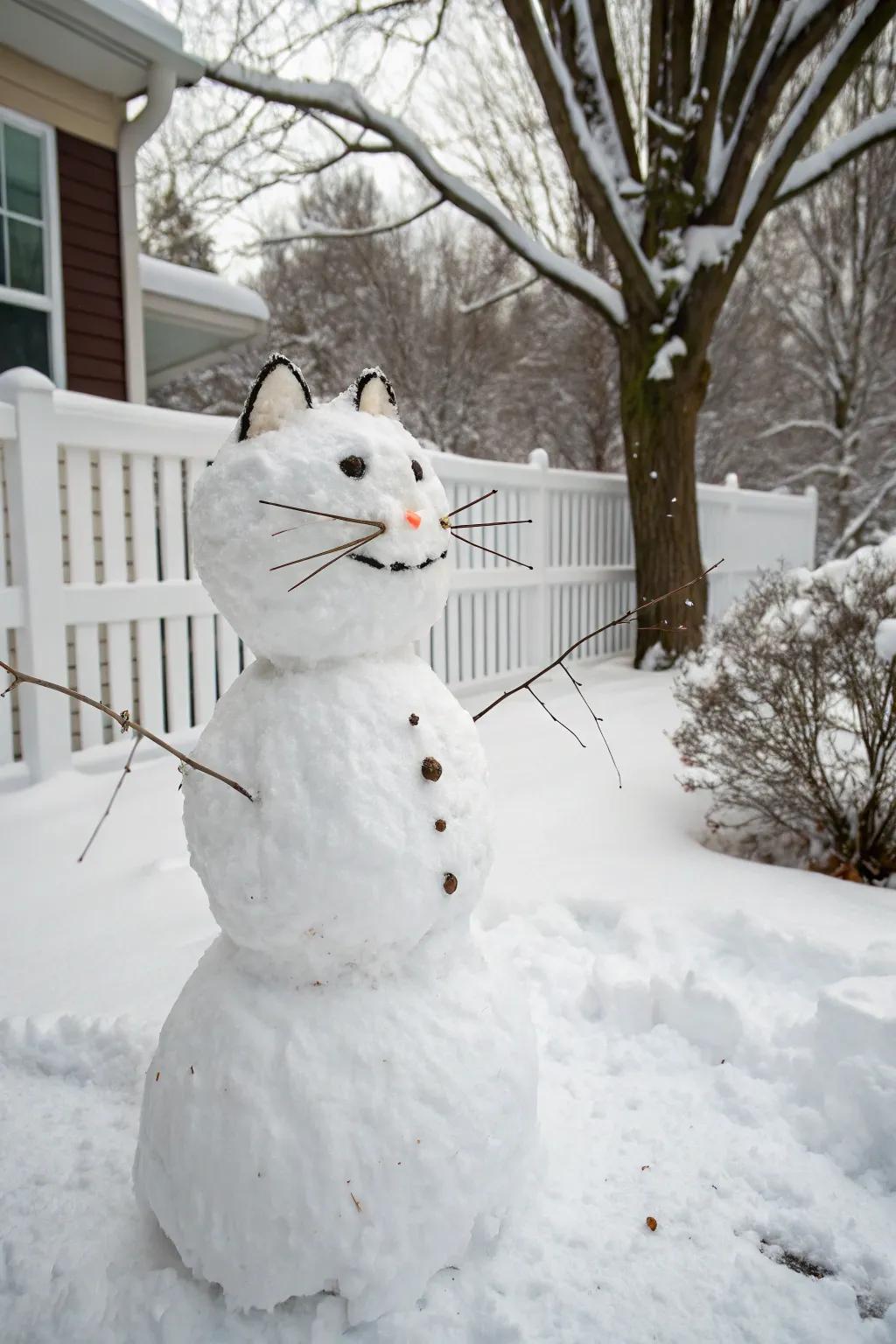 An imaginative snow feline boasting playful wood sprig whiskers.