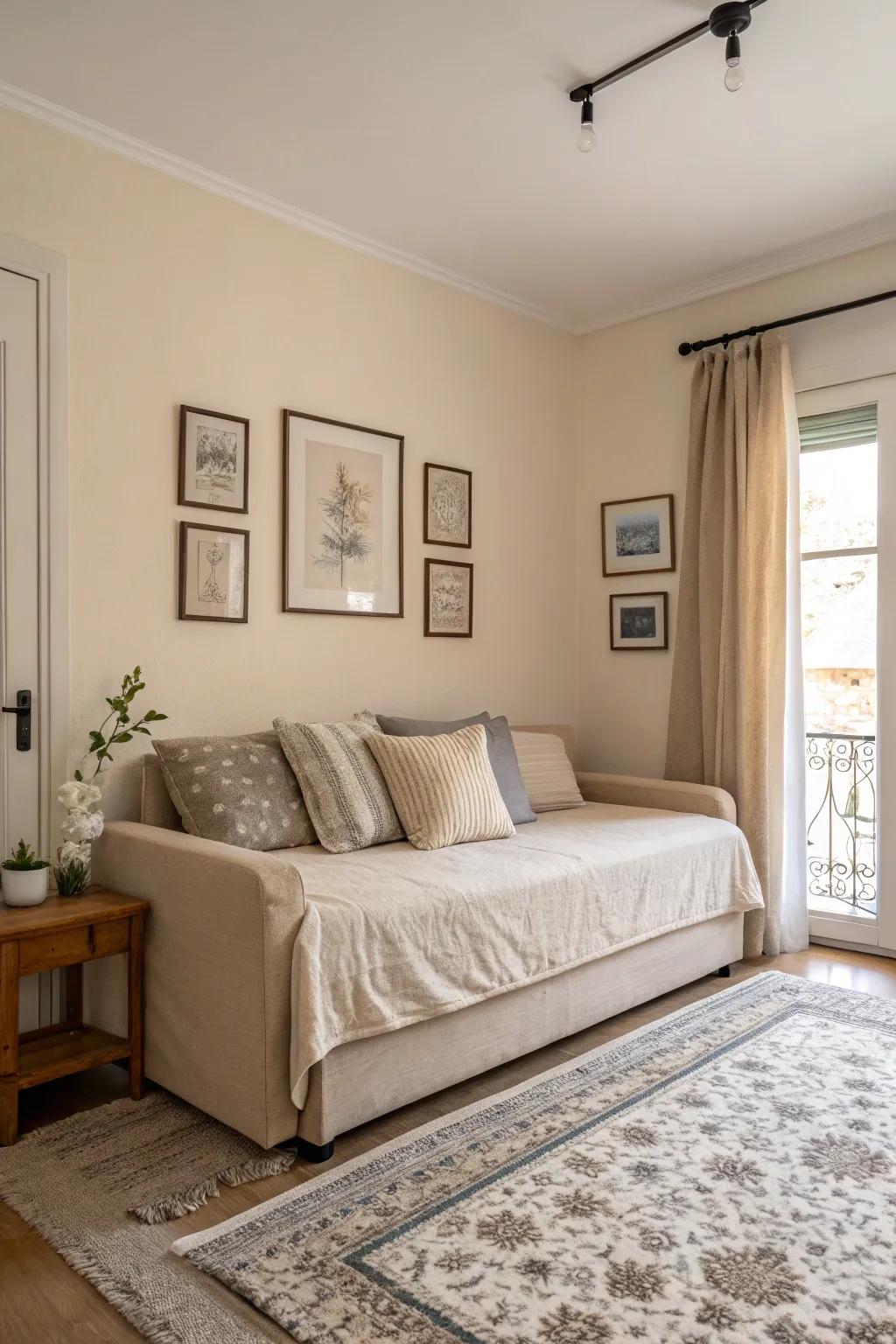 Soft colors enhance a peaceful bedroom atmosphere.