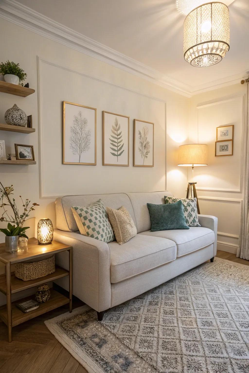 In this small living room, a slim sofa enhances the feeling of openness.