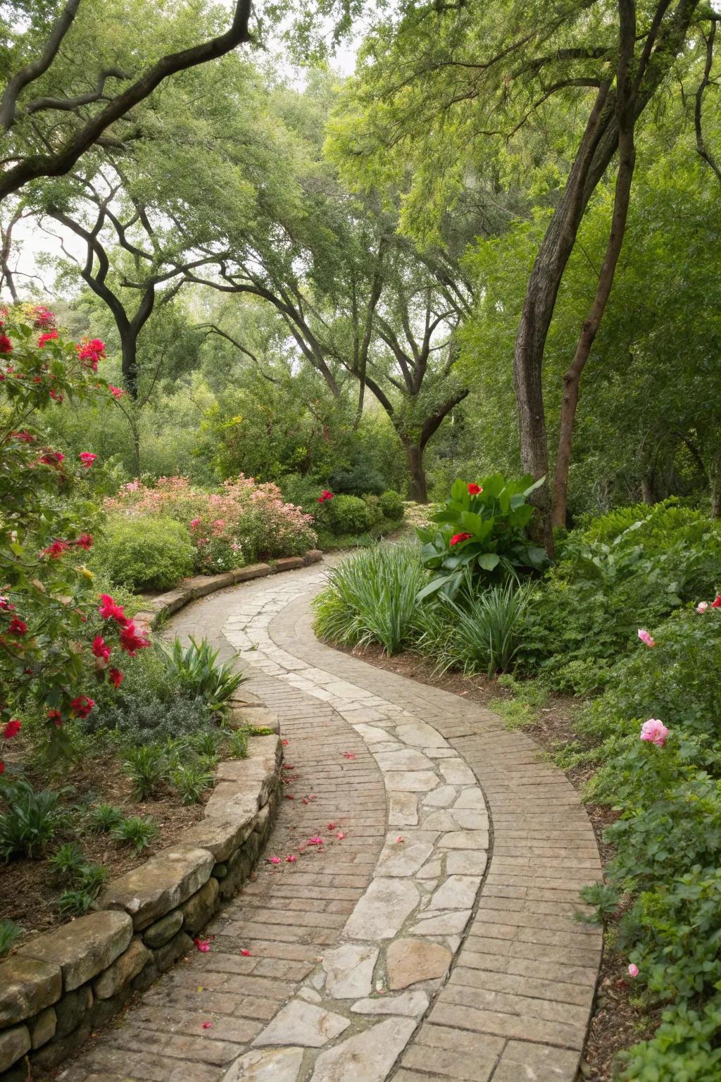 A lovely curved stone walkway in a flourishing garden environment.