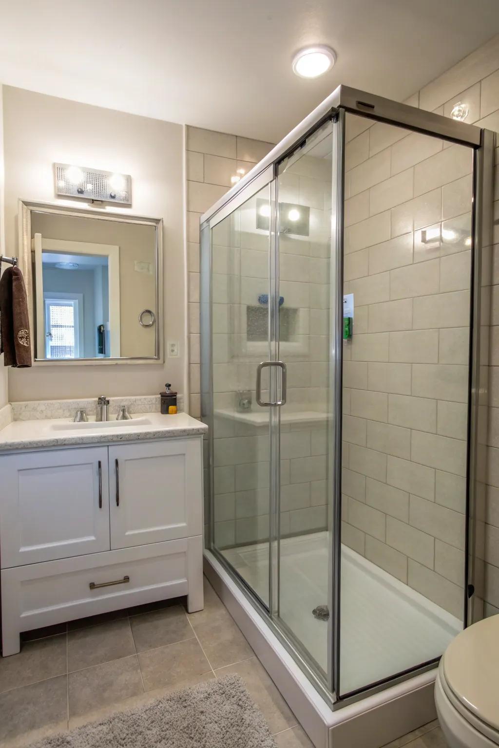 A lavish walk-in shower cleverly conserves room.