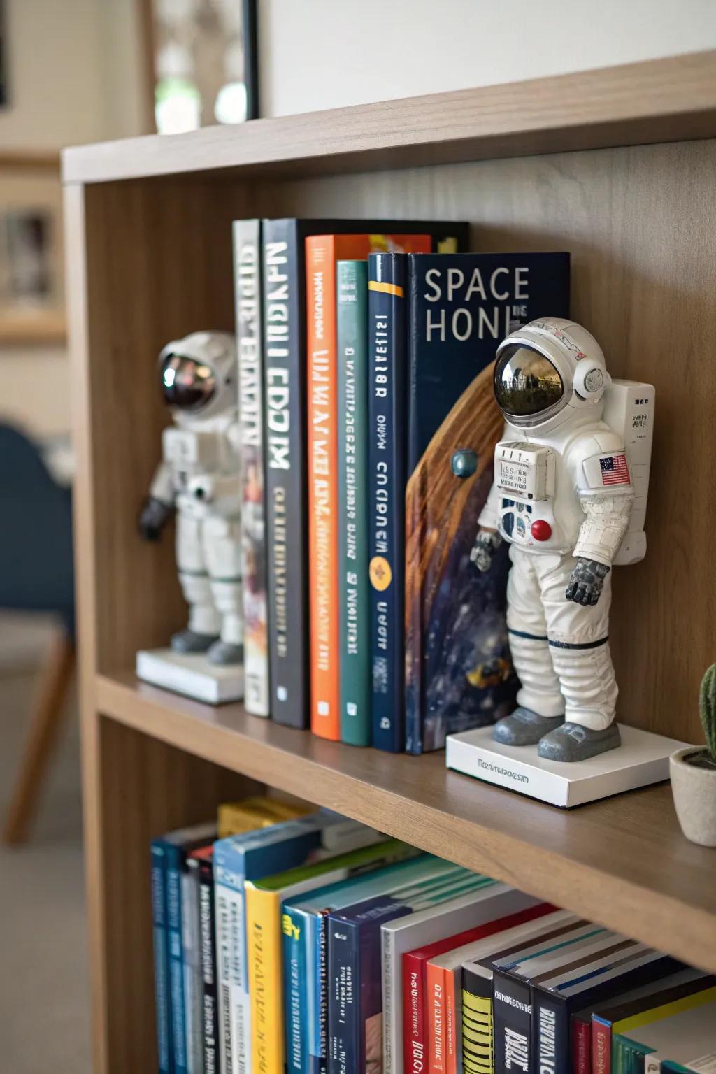 Cosmonaut figures bringing a playful vibe to your bookshelf.