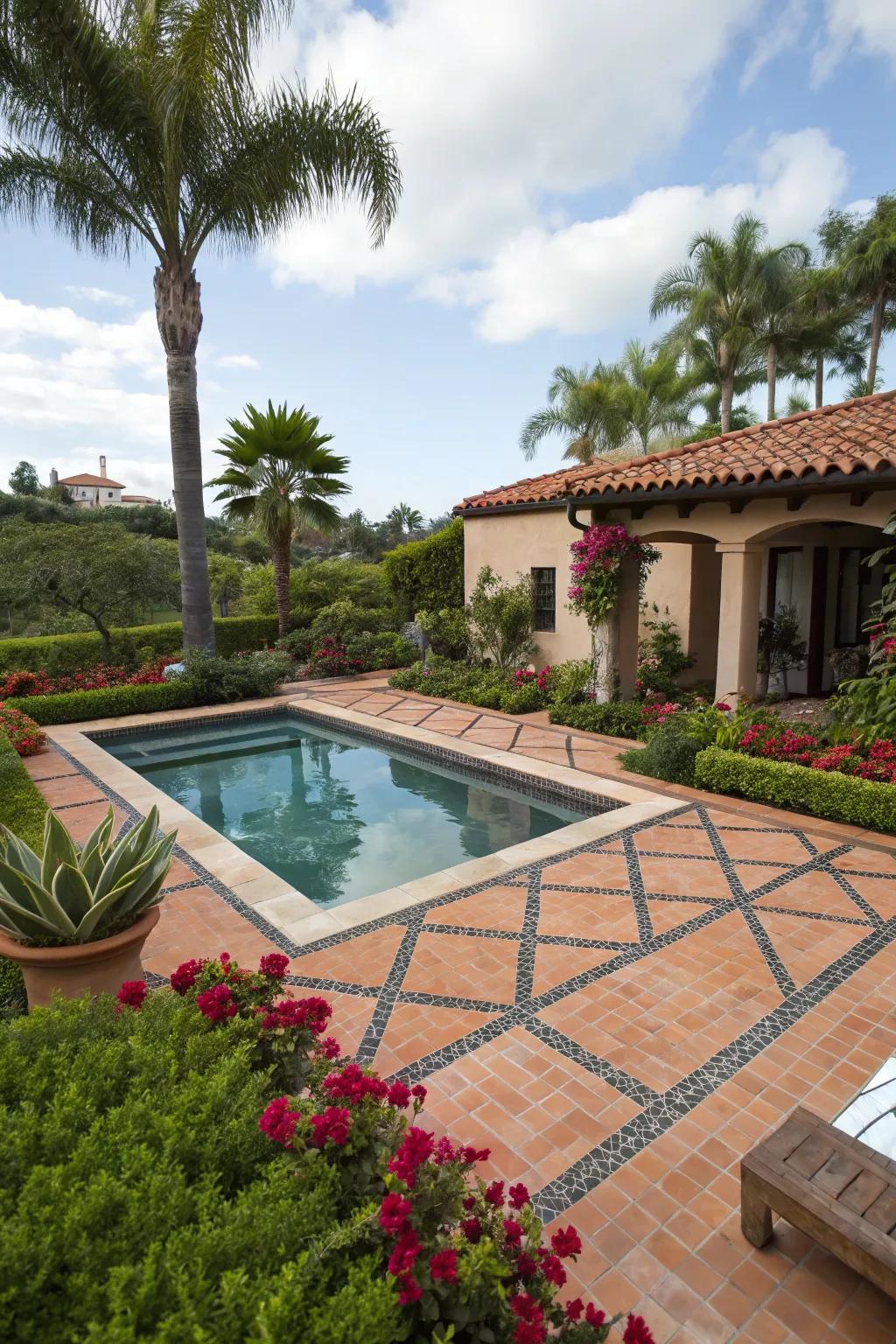 A defined swimming bath blueprint introduces contemporary flair to this classic Spanish setting.