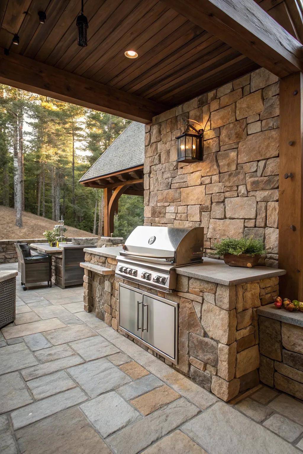 An integrated grill commands attention in this rustic cooking area setup.