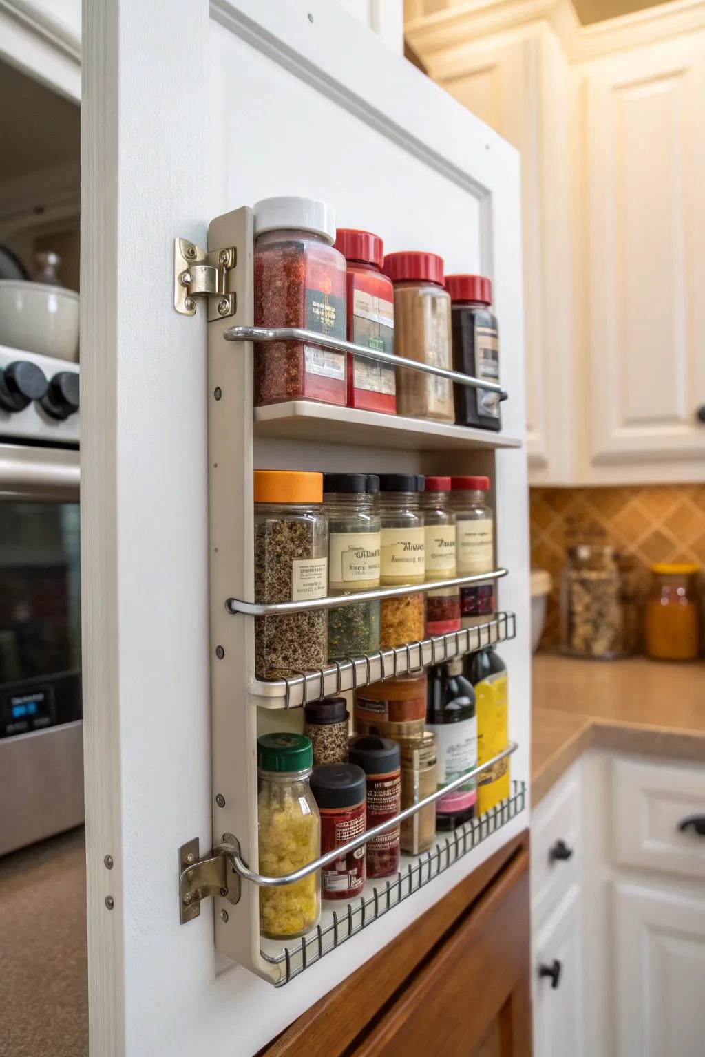 A spice rack affixed to a cupboard door for effective storage.