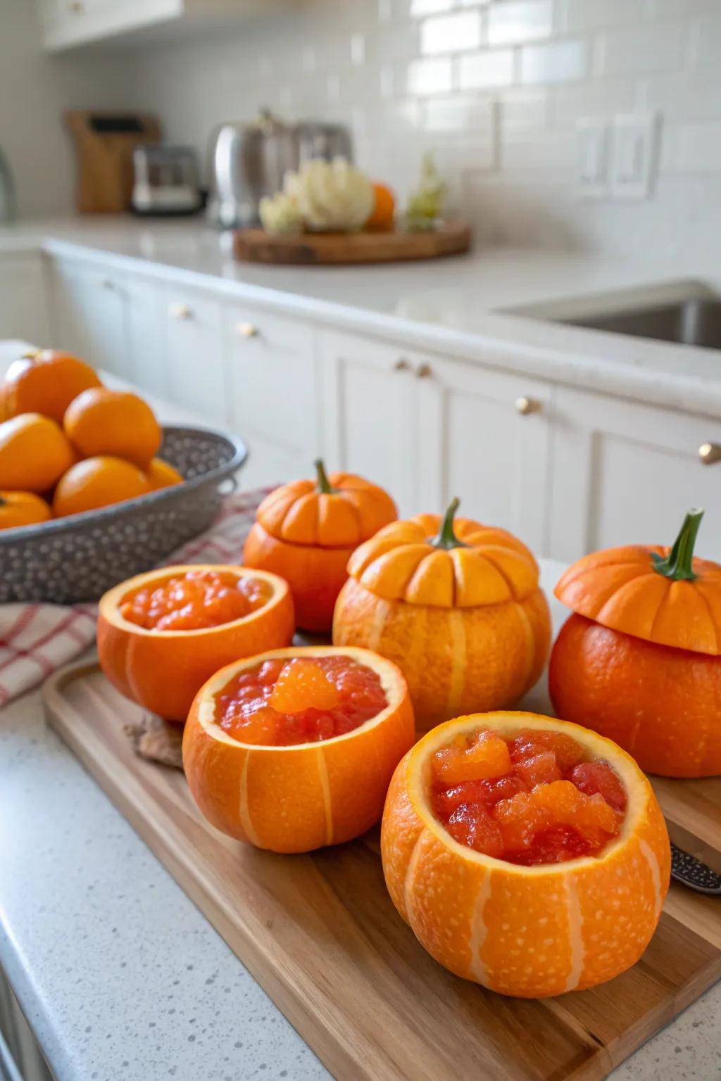 Miniature pumpkin jellies introducing a citrusy variation to All Hallows' Eve.