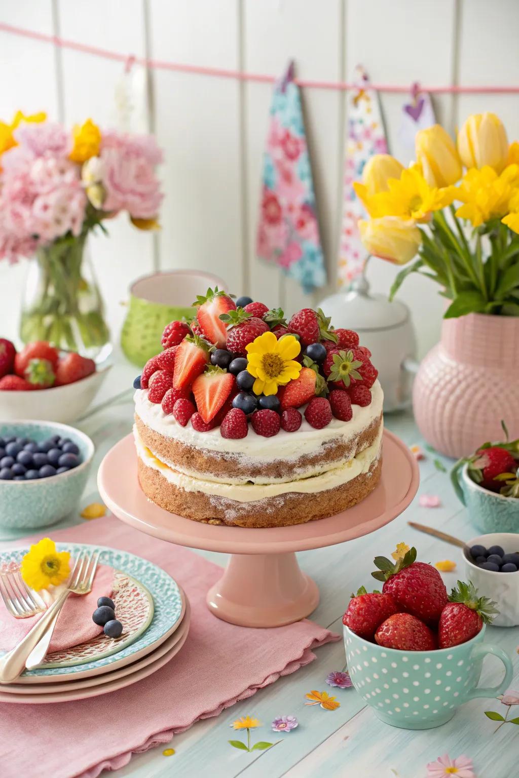 A fruit-topped cake overflowing with fresh flavors.