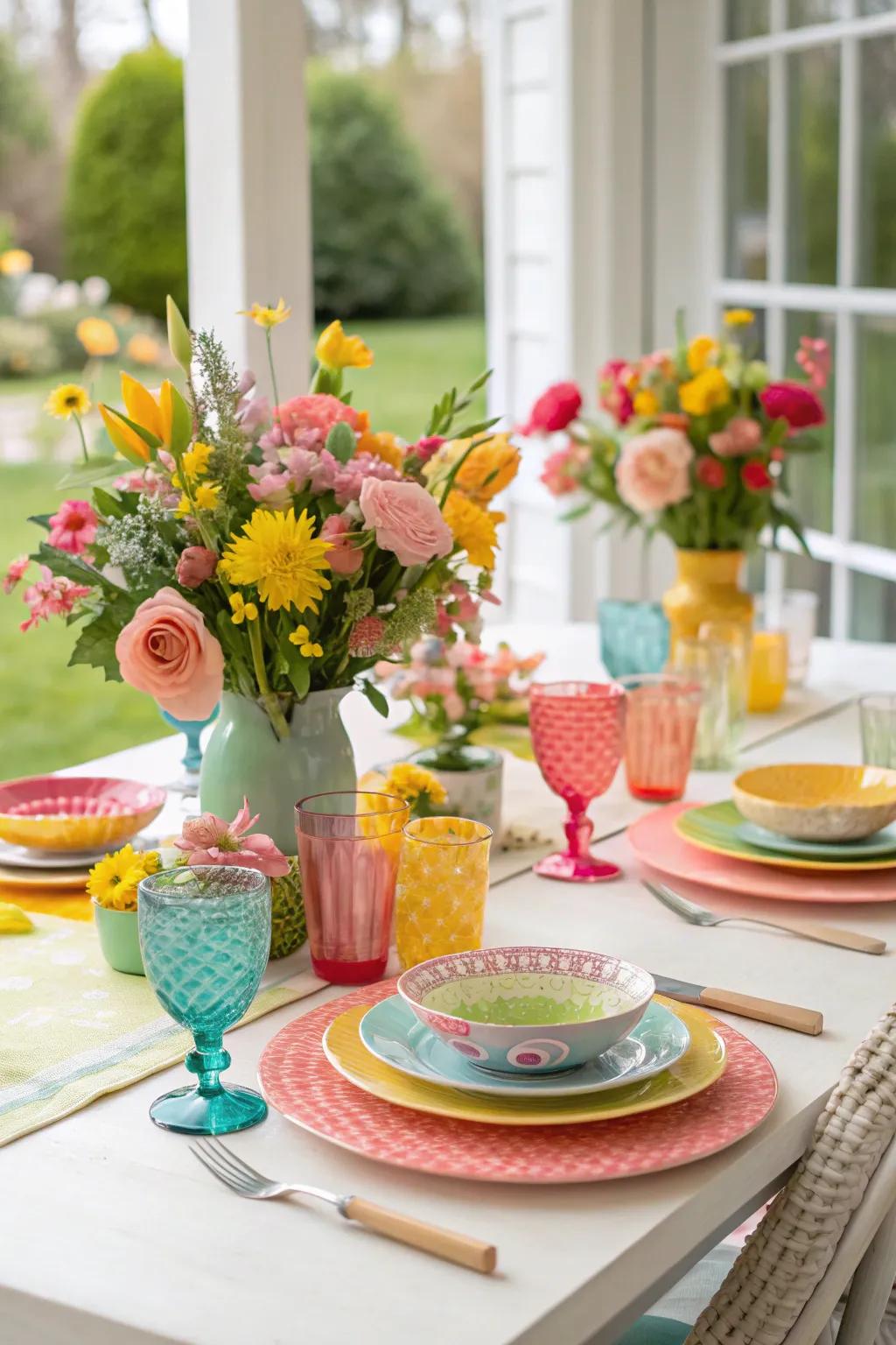A spring-inspired surface display bursting with vibrant and inviting components.