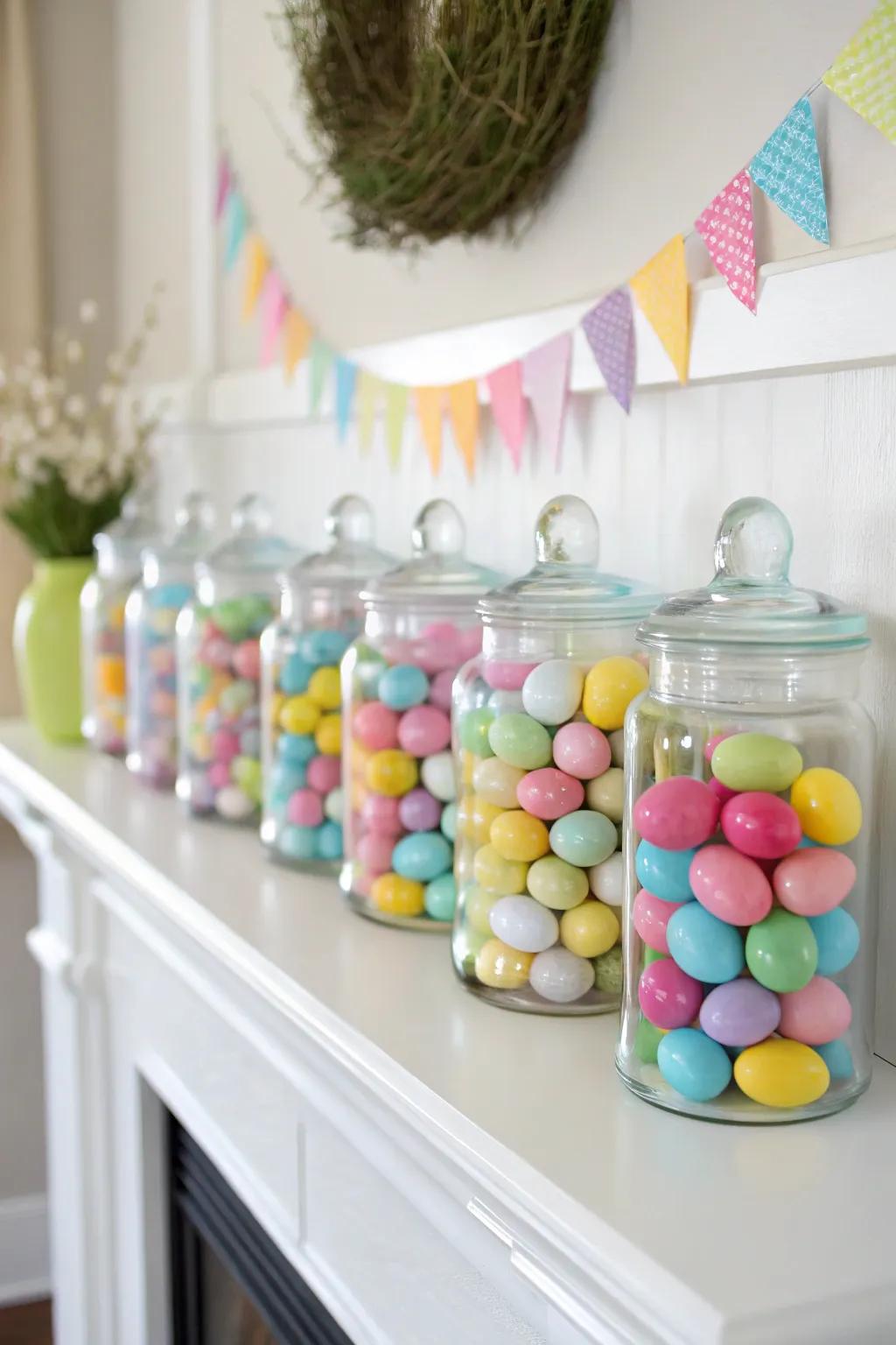 Brighten your mantel with glass jars filled with vibrant Easter spheres.