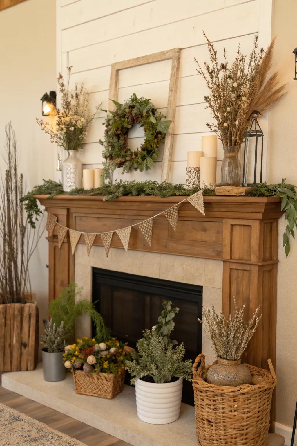 Natural elements cultivate a serene, organic atmosphere on your spring mantel.