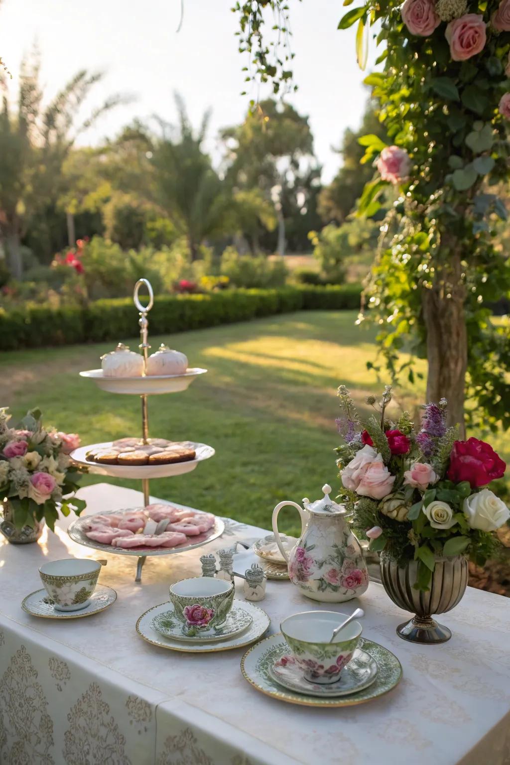 An exterior arrangement delivers a stimulating backdrop for a spring tea party.