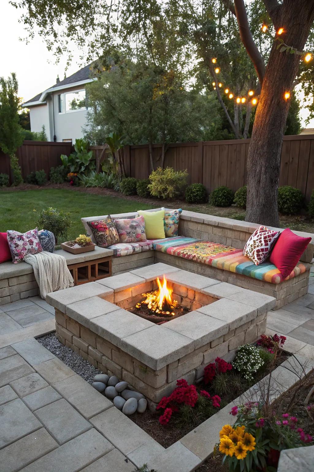 Built-in seating transforms a hearth zone into a sociable sanctuary.