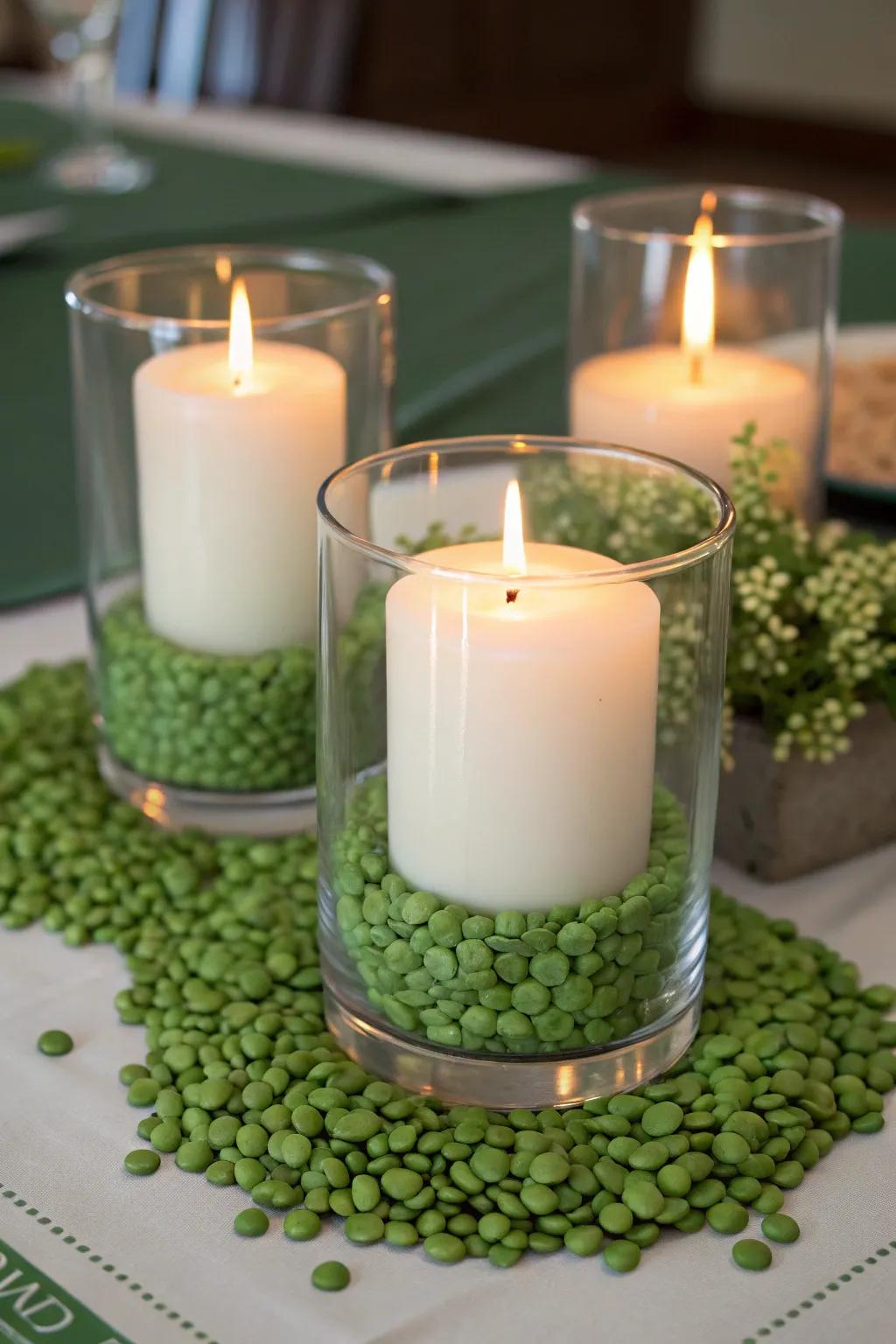 Dried pea light bases provide an affordable, charming aesthetic.